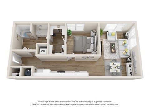 Floor plan for 1 bed, 1 bath, 722 sqft